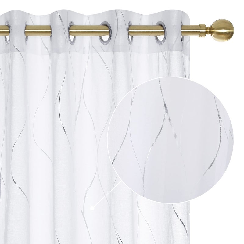 Deconovo Semi Sheer Curtains 2 Panels, 52W x 95L Inch Each, Grommet Top Voile, Light-Filtering Day Privacy, Silver Wave Foil Pattern, Living Room/Bedroom Window Drapes, Easy Hang - Image 1